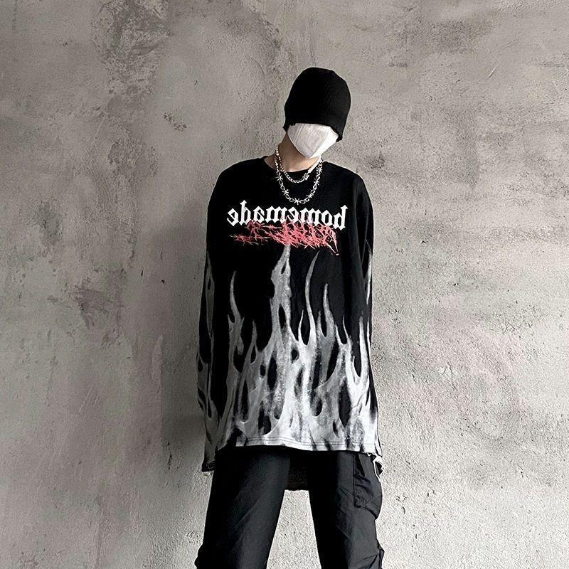 Tie-dyed Flame Long-sleeved T-shirt Men's Autumn Hong Kong-style Loose plus size Hip-hop High Street Ins Harajuku Hip-hop Top for Students - Image 4