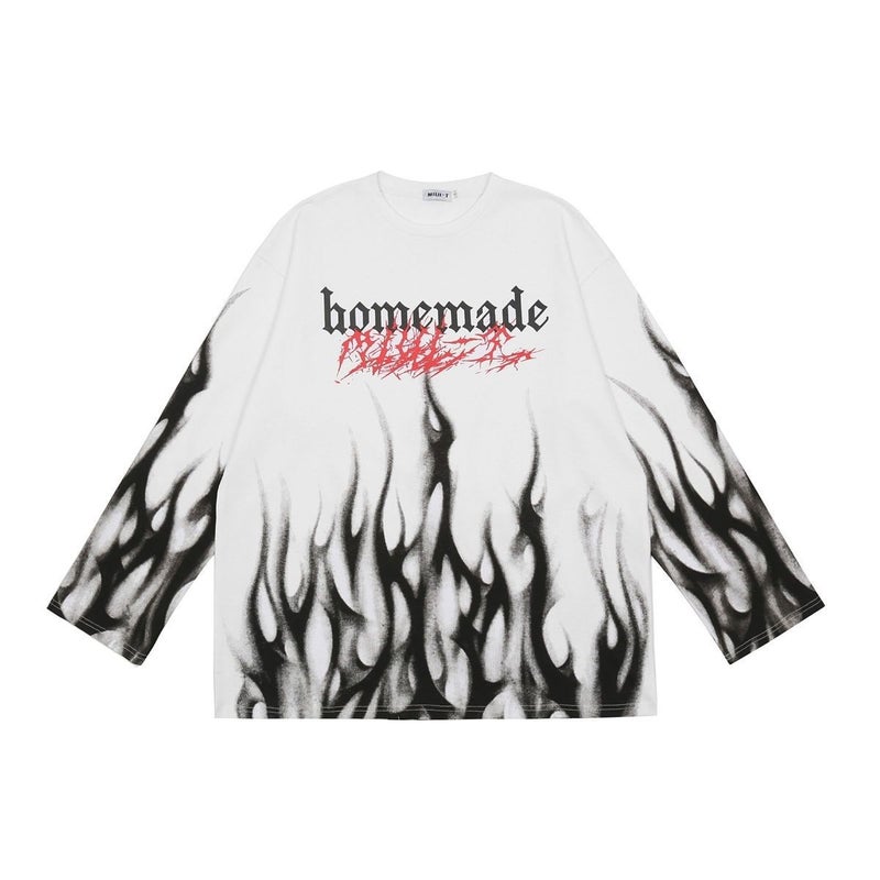 Tie-dyed Flame Long-sleeved T-shirt Men's Autumn Hong Kong-style Loose plus size Hip-hop High Street Ins Harajuku Hip-hop Top for Students - Image 1