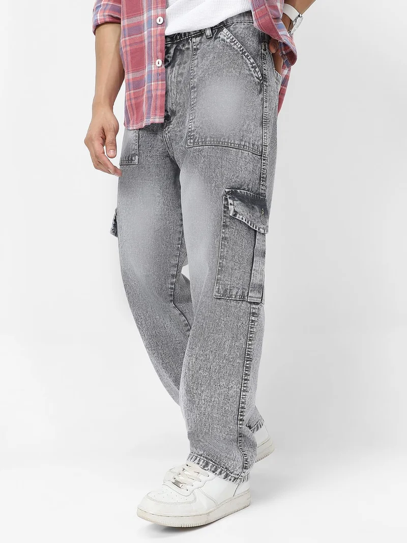 Urbano Fashion Men's Ice Grey Loose Baggy Fit Washed Cargo Jeans with 6 Pockets Non-Stretchable