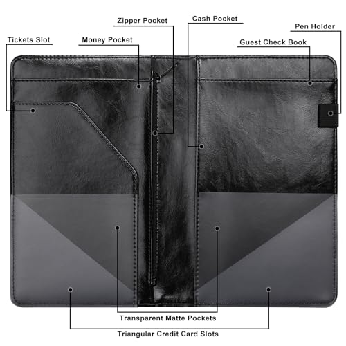 EcoVision Server Books for Waitress,Leather Waiter Book with Zipper Pocket, Server Booklet Restaurant Waitstaff Organizer, Serving Book Guest Check Book Holder Money Pocket Fits Server Apron (Black) - Image 3
