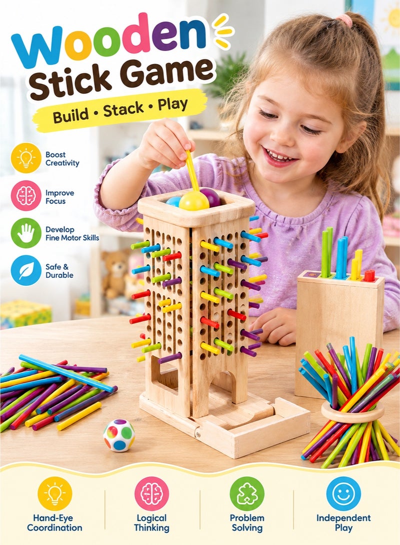 VarioNest Montessori Wooden Stick Tower Game, 3-in-1 Math Educational Toy with 40 Colorful Sticks, 6 Balls & Dice – Fine Motor Skills Family Board Game for Kids 3+ - Image 1