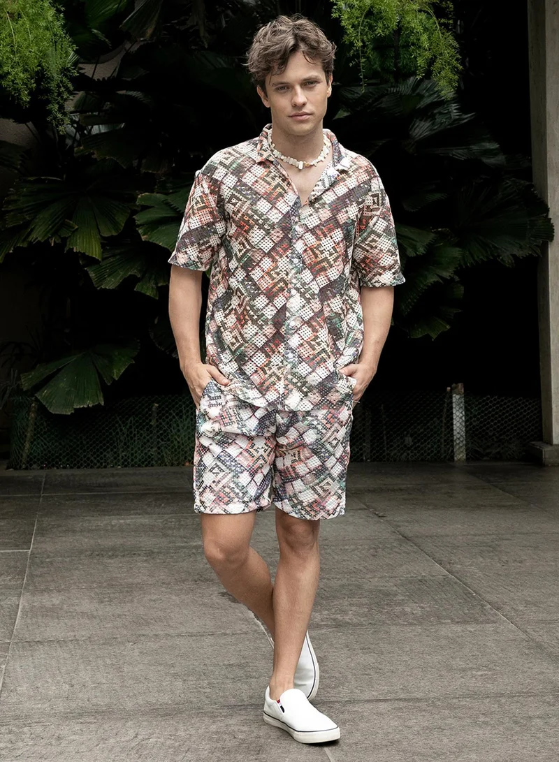 Campus Sutra Men's Multicolour Hazy-Cubic Knit Co-Ord Set