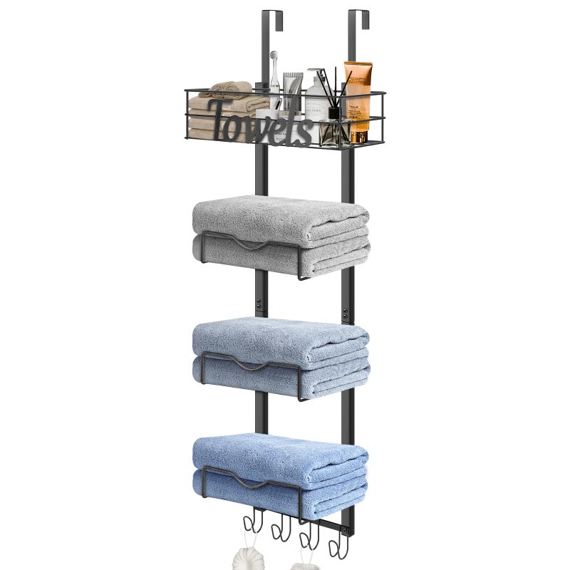 HarJue Over The Door Towel Racks, No Drill Towel Storage with Basket & Hooks, Space-Saving Multi-Functional Towel Holder for Bathrooms, bedrooms, Apartments, RVs (Matte Black) - Image 1