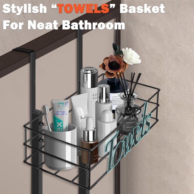 HarJue Over The Door Towel Racks, No Drill Towel Storage with Basket & Hooks, Space-Saving Multi-Functional Towel Holder for Bathrooms, bedrooms, Apartments, RVs (Matte Black) - Image 4