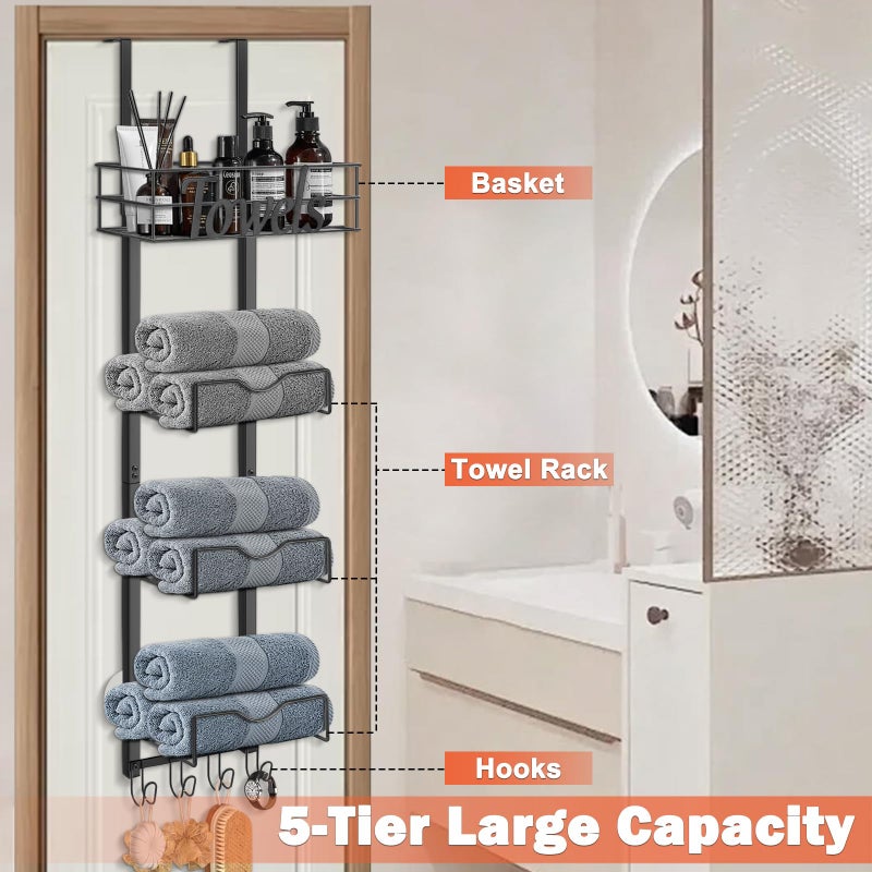 HarJue Over The Door Towel Racks, No Drill Towel Storage with Basket & Hooks, Space-Saving Multi-Functional Towel Holder for Bathrooms, bedrooms, Apartments, RVs (Matte Black) - Image 3