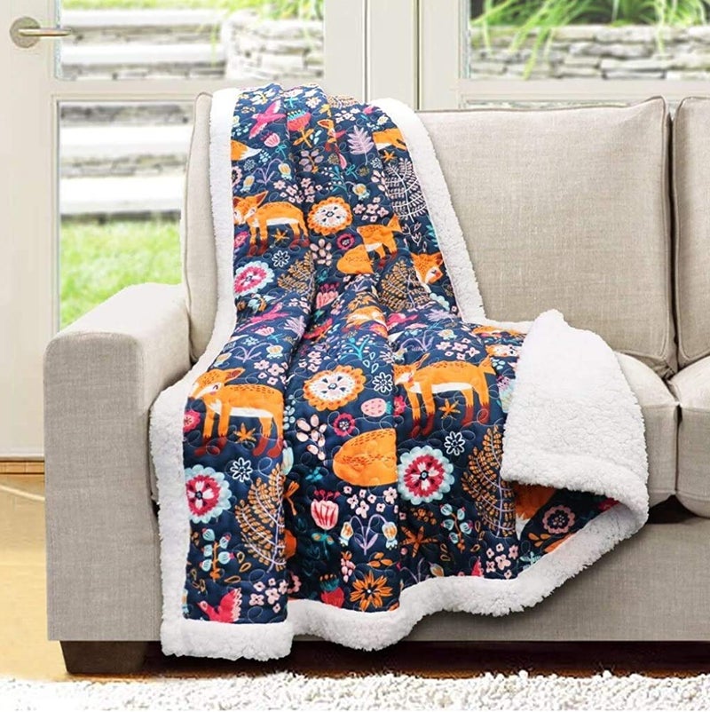 Lush Decor Lush Decor Pixie Fox Reversible Sherpa Throw Blanket 50 W x 60L Navy  Orange Quilted Toddler Blankets For Boys Or Girls  Colorful Florals Soft  Fluffy Kids Blanket For Bed Couch Or Chair 