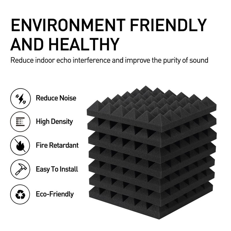 Focusound 24 Packs Acoustic Foam Panels Pyramid 2" X 12" X 12", Soundproofing Foam Noise Cancelling Foam with 120 PCS Double-Side adhesive - Image 3