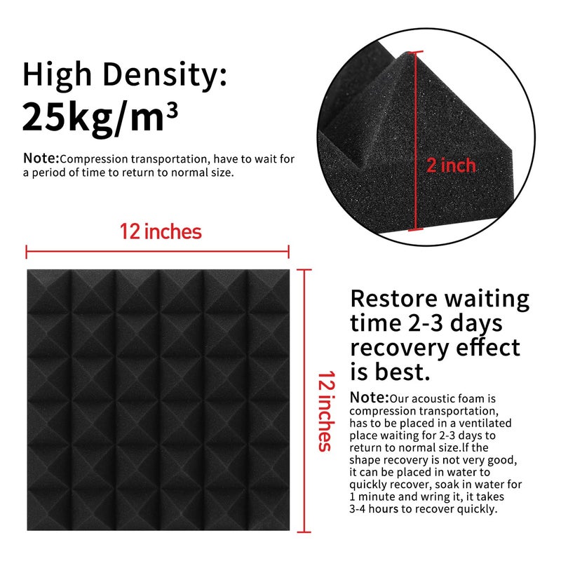 Focusound 24 Packs Acoustic Foam Panels Pyramid 2" X 12" X 12", Soundproofing Foam Noise Cancelling Foam with 120 PCS Double-Side adhesive - Image 5