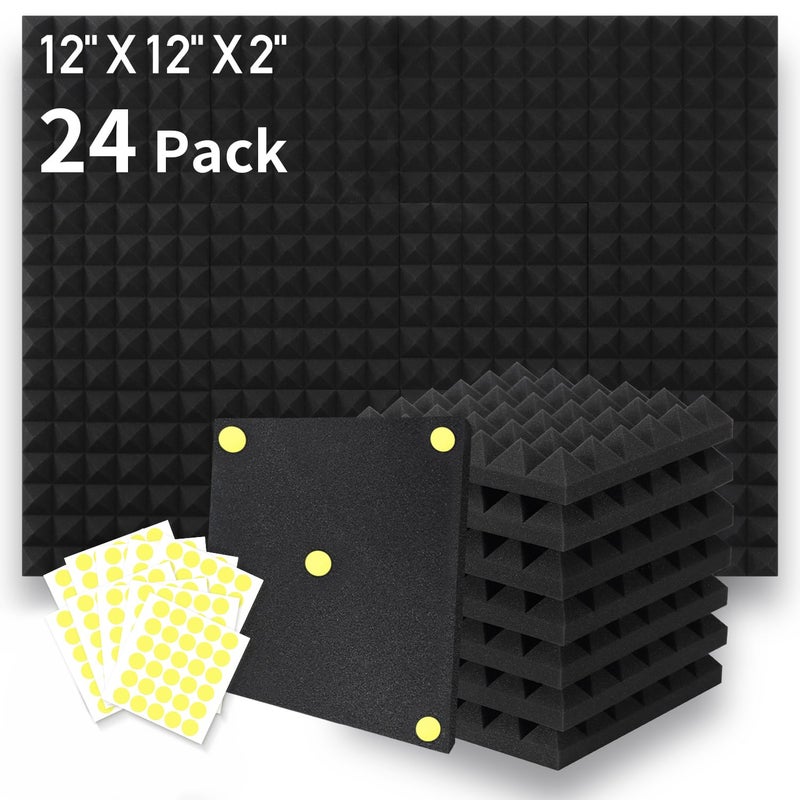 Focusound 24 Packs Acoustic Foam Panels Pyramid 2" X 12" X 12", Soundproofing Foam Noise Cancelling Foam with 120 PCS Double-Side adhesive - Image 1