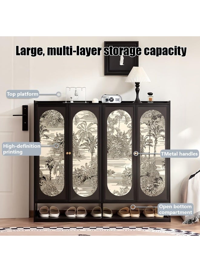 WALALLA Multifunctional Palm Pattern Shoe Cabinet for Home Entrance, New Style Dustproof 4-Door Shoe Rack with Multiple Layers & Open Storage, Retro Design Storage Cabinet for Indoor Hallway & Entryway, Space-Saving Shoe Organizer for Entryway - Image 2