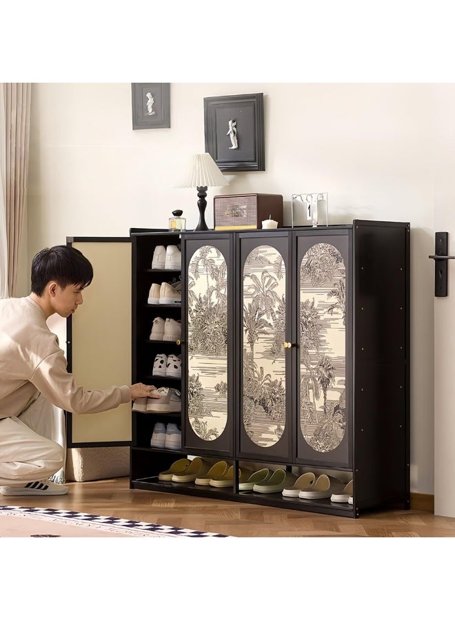 WALALLA Multifunctional Palm Pattern Shoe Cabinet for Home Entrance, New Style Dustproof 4-Door Shoe Rack with Multiple Layers & Open Storage, Retro Design Storage Cabinet for Indoor Hallway & Entryway, Space-Saving Shoe Organizer for Entryway - Image 5