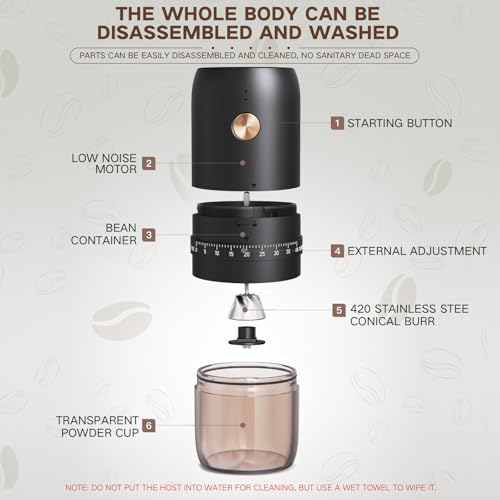 RealPero Portable Electric Coffee Grinder, Upgraded External Adjustable 40 Levels Fine to Coarse Settings, Stainless Steel Conical Burr Rechargeable and Faster Grinding for Office,Home,Camping,Travel,Black - Image 4