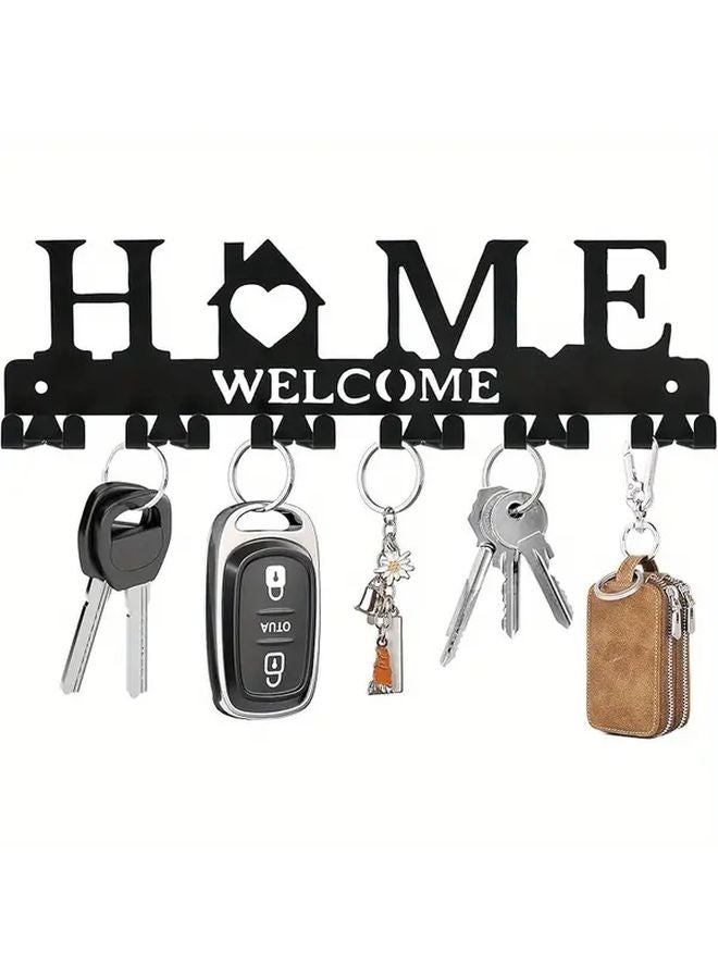 Black Metal Key Hanger Wall Mount with 6 Double Key Hooks Adhesive Holder for Entryway - Image 1