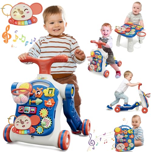 QDRAGON 5 in 1 Push Walkers for Baby Boys Toddler Learning to Walk Sit to Stand Walker Early Learning Push Toy for Infant 12 Months Navy Blue - Image 1