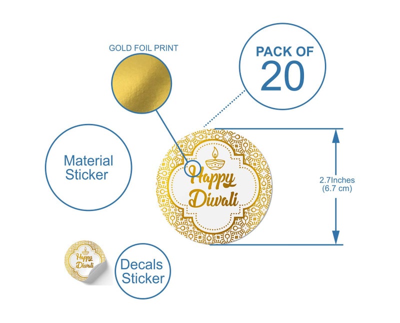 SVM CRAFT® Happy Diwali Gift Gold Foil Round Sticker Seals - 2.5'' Inch, Pack of 21 - Ideal for Treat Favor Party Bags, Candy Jars, Gift Boxes, Bottles - Image 2