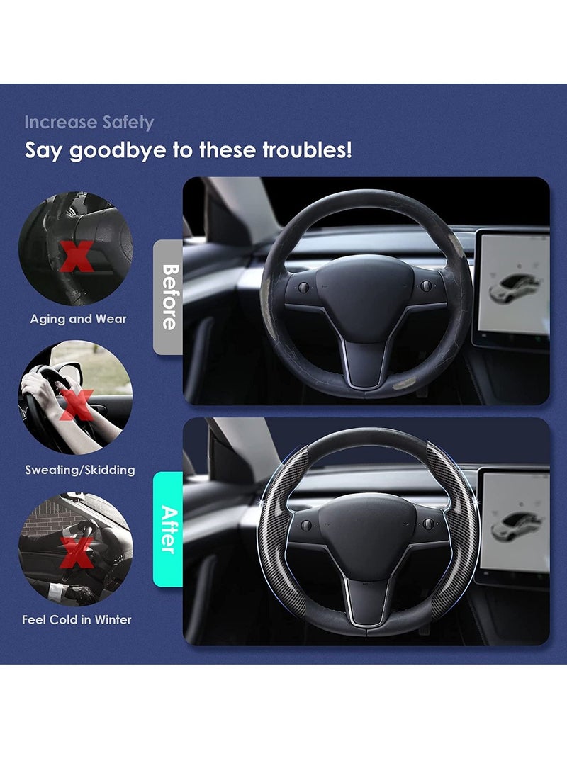 SYOSI Car Carbon Fiber Steering Wheel Cover, Custom Fit for Tesla Model Y/3, Segmented Protector, Anti-Skid, Scratch-Resistant, Wear-Resistant (Black, 2PCS) - Image 4