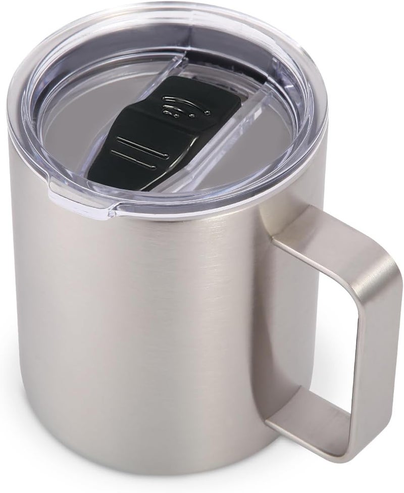 Volhoply 14oz Insulated Stainless Steel Coffee Mug with Leakproof Lid,Double Wall Vacuum Travel Coffee Cup with Handle,Reusable Metal Cups Tumbler,Camping Mugs Keep Hot,Ideal Gifts(Silver,1) - Image 1