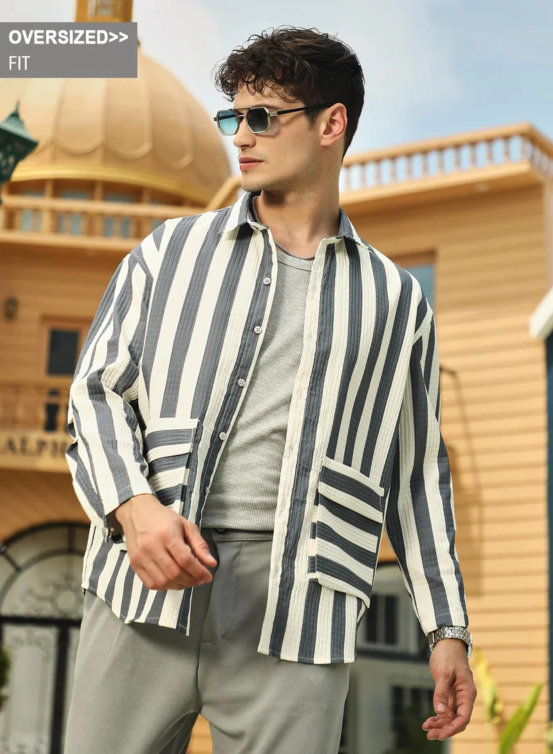 Campus Sutra Campus Sutra Men's Grey & White Candy-Striped Utility Oversized Shirt For Casual Wear | Spread Collar | Long Cuff Sleeve | Button Closure | Oversized Shirt Crafted With Comfort Fit For Everyday Wear