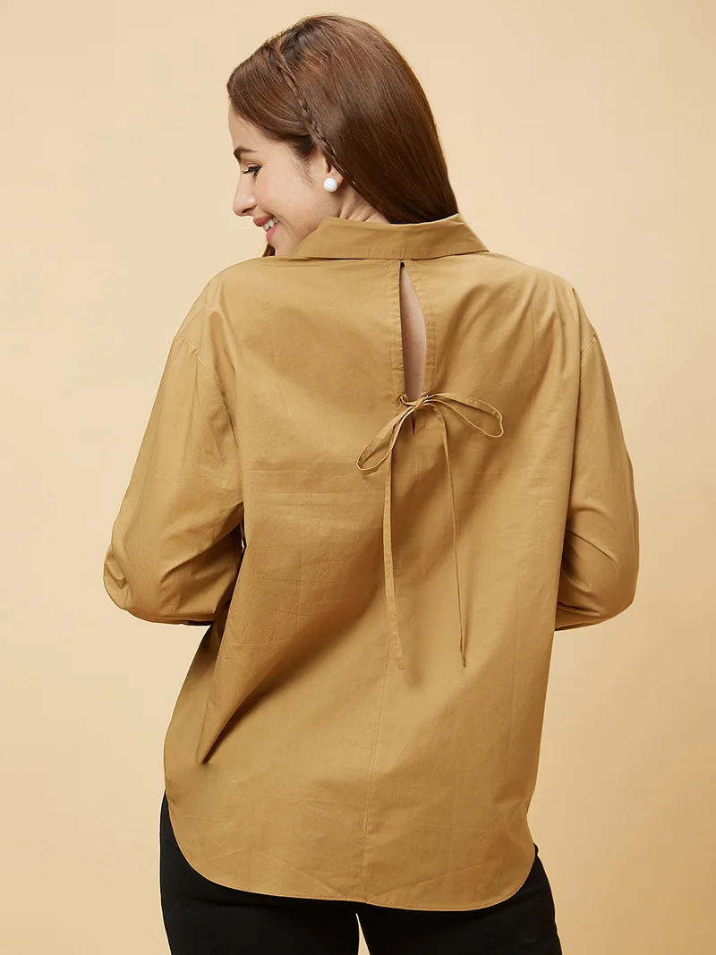 globus Women Brown Shirt Collar Cotton Shirt Style Top