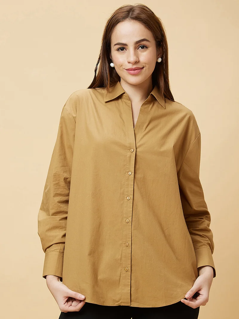 globus Women Brown Shirt Collar Cotton Shirt Style Top