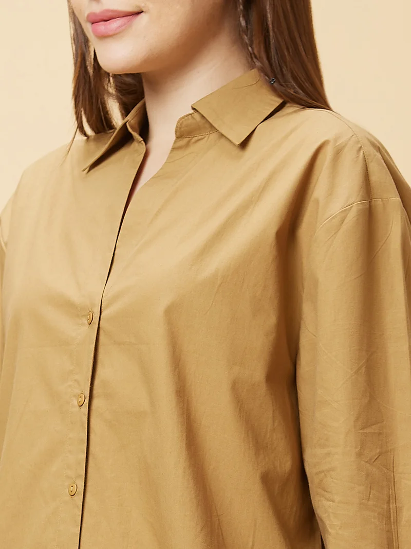 globus Women Brown Shirt Collar Cotton Shirt Style Top
