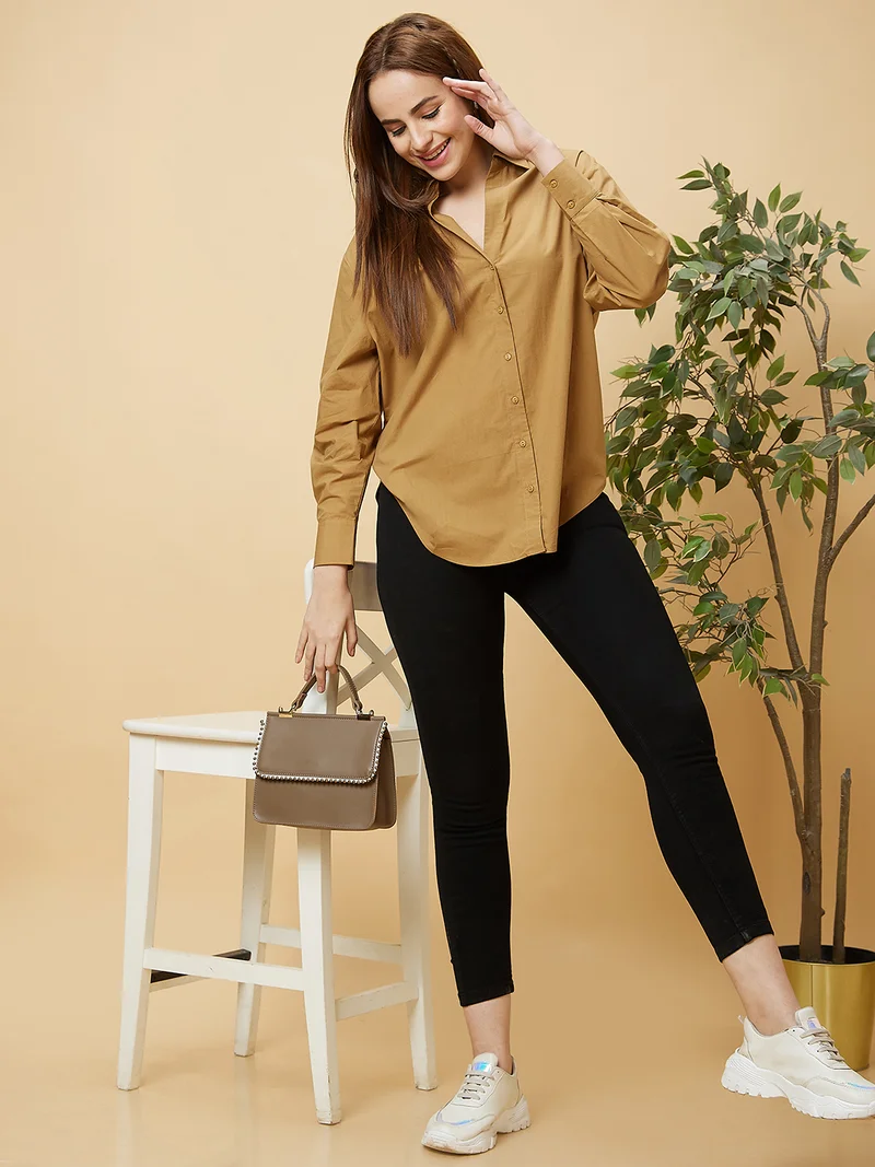 globus Women Brown Shirt Collar Cotton Shirt Style Top