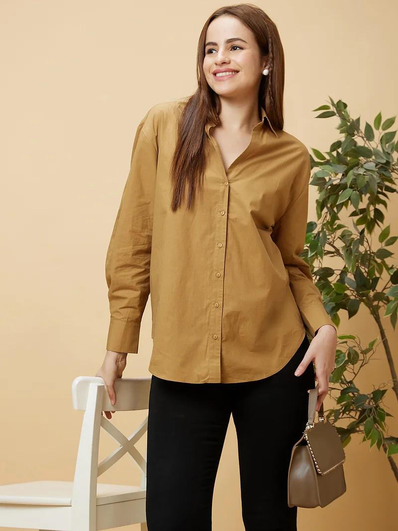 globus Women Brown Shirt Collar Cotton Shirt Style Top