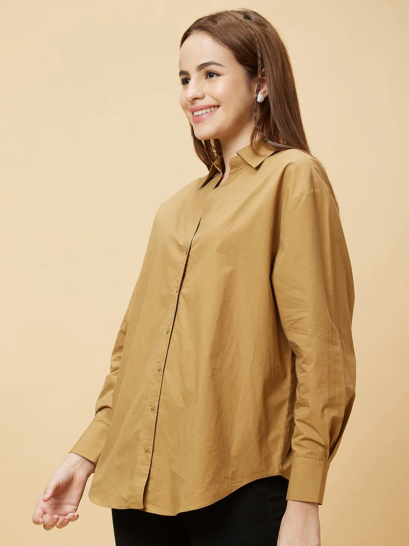 globus Women Brown Shirt Collar Cotton Shirt Style Top