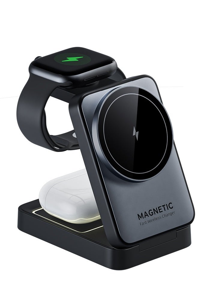 General - New foldable magnetic three-in-one wireless charger 15W fast charging multi-function mobile phone holder wireless charger - Image 1