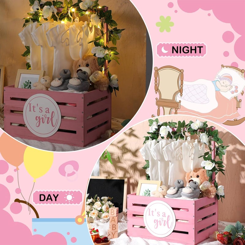 Barydat Wooden Baby Shower Crate Closet Baby Gift Basket Wood Storage Hamper with Handle Garland Newborn Welcome Gift Gender Reveal Pregnancy New ParentPinkGirl - Image 5