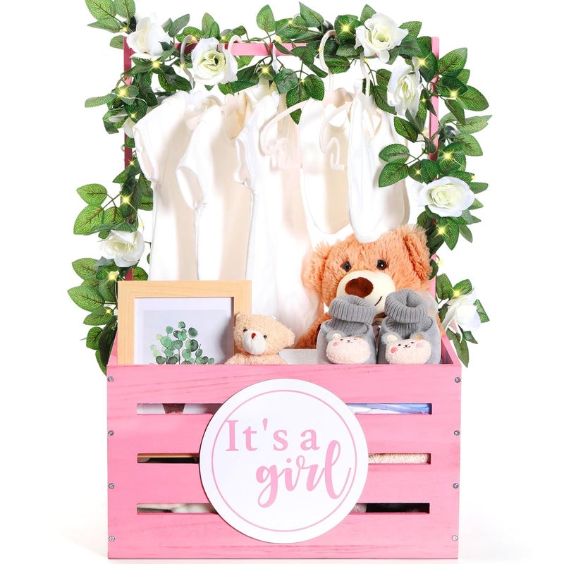 Barydat Wooden Baby Shower Crate Closet Baby Gift Basket Wood Storage Hamper with Handle Garland Newborn Welcome Gift Gender Reveal Pregnancy New ParentPinkGirl - Image 1