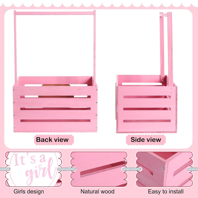 Barydat Wooden Baby Shower Crate Closet Baby Gift Basket Wood Storage Hamper with Handle Garland Newborn Welcome Gift Gender Reveal Pregnancy New ParentPinkGirl - Image 3