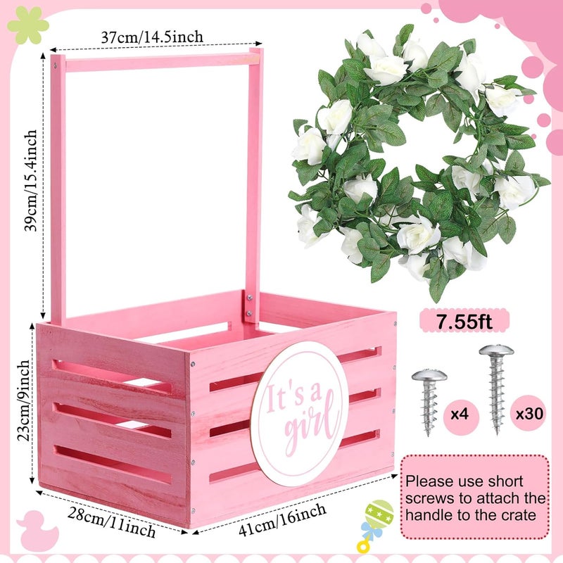 Barydat Wooden Baby Shower Crate Closet Baby Gift Basket Wood Storage Hamper with Handle Garland Newborn Welcome Gift Gender Reveal Pregnancy New ParentPinkGirl - Image 2