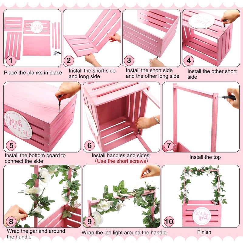 Barydat Wooden Baby Shower Crate Closet Baby Gift Basket Wood Storage Hamper with Handle Garland Newborn Welcome Gift Gender Reveal Pregnancy New ParentPinkGirl - Image 4