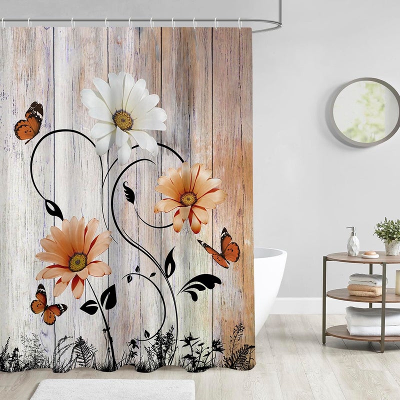 AAtter ATTERT Orange Flor Floral Surtain Rustic Flower White Daisy Country Butterfly Vincotta Bright Polyester Home Home Decord Decort -Pathub مع 12 Hooks 60x72 Cottagecore - Image 1