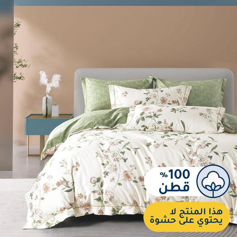 مجموعة أغطية لحاف من القطن المزينة بنقوش زهورية من Master Home Textile، تناسب سرير كينغ بمقاس 200 × 200 سم، من قطن بنسبة نسيج 200TC، مكونة من 6 قطع مزودة بسحاب ورباطات في الزوايا، البطانية غير مشمولة في السعر، لون أخضر. - Image 2