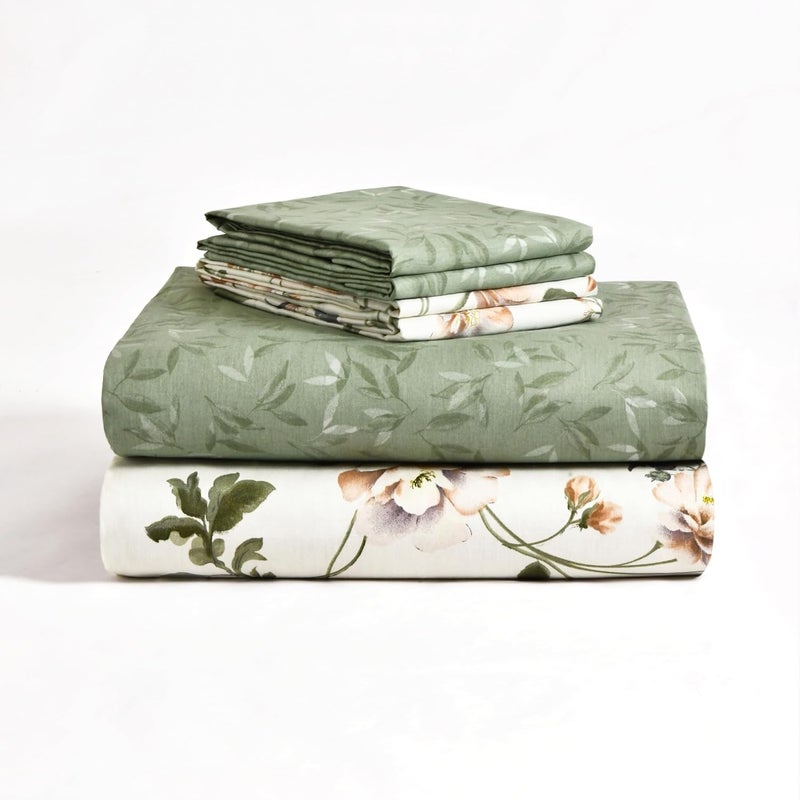 مجموعة أغطية لحاف من القطن المزينة بنقوش زهورية من Master Home Textile، تناسب سرير كينغ بمقاس 200 × 200 سم، من قطن بنسبة نسيج 200TC، مكونة من 6 قطع مزودة بسحاب ورباطات في الزوايا، البطانية غير مشمولة في السعر، لون أخضر. - Image 1