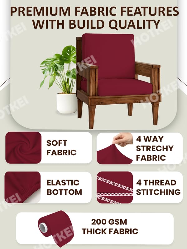 HOTKEI Maroon (Pack of 2) 200 GSM Fabric Wooden Sofa Seat Cover Elastic Stretchable Cushion Seat Slip Cover Protector for Wooden Sofa Set 1 Seater Antislip Full Covers for Living Room - Image 2