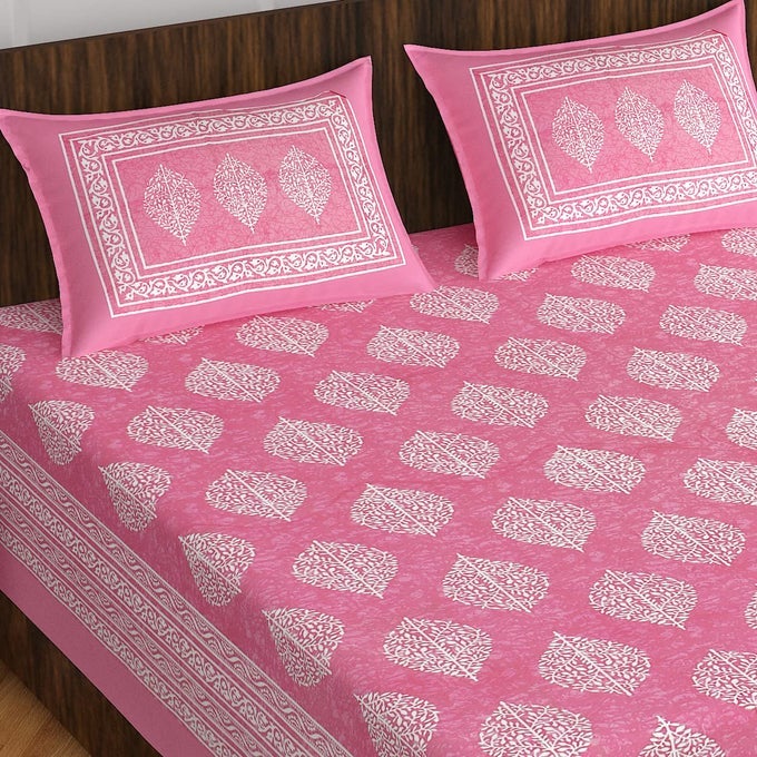COTTON RAJASTHANI JAIPURI TRADITIONAL FLORAL KING SIZE DOUBLE BEDSHEET WITH 2 PILLOW COVERS PINK144 TC