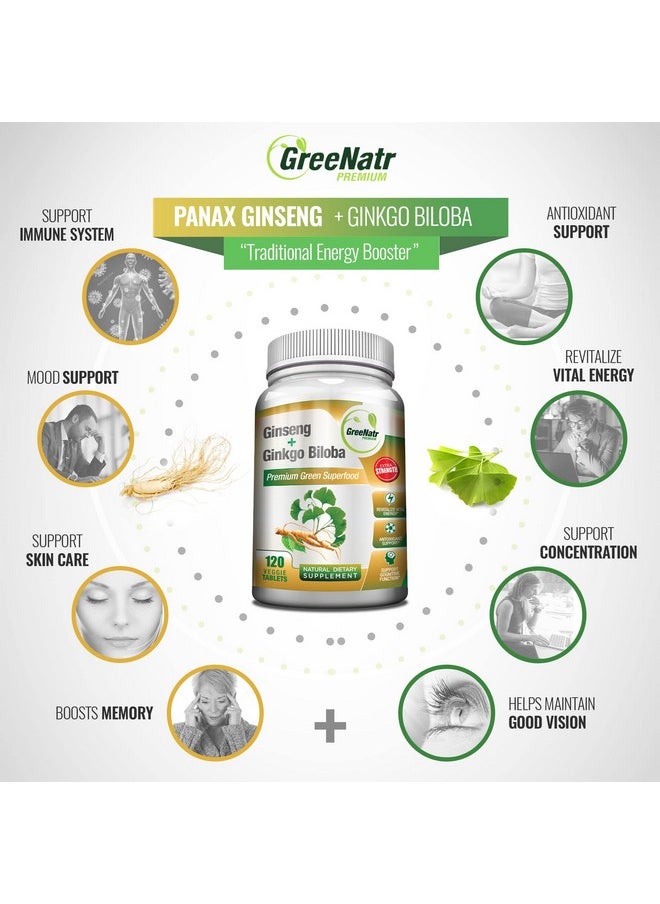 GreeNatr - Panax Ginseng + Ginkgo Biloba Tablets Premium Nongmo/Veggie Superfood Traditional Energy Booster And Brain Sharpener (120 Tablets) - Image 1