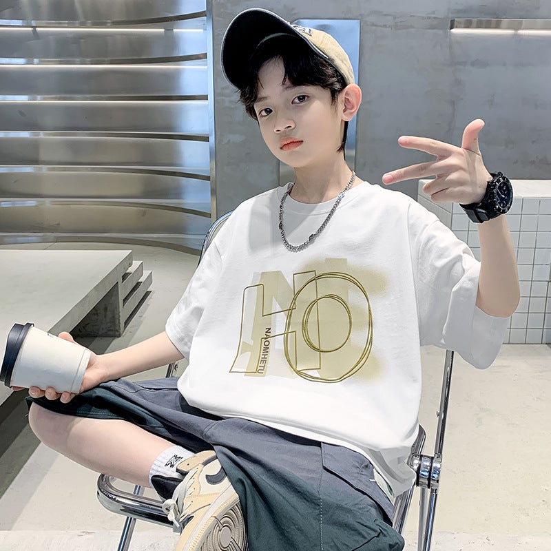 Boys' T-Shirt Short-Sleeved Style Pure Cotton Children'S Summer Dress Boys' Summer Top Medium And Large Children'S Trendy Brand Children'S Wear - Image 1