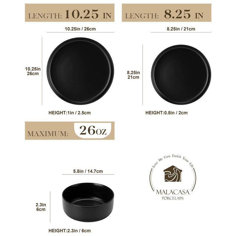 MALACASA Plates and Bowls Sets, 12 Pieces Porcelain Dinnerware Set for 4 Kitchen Dinner Ware Set Ceramic Dishware Dishes Microwave and Dishwasher Safe, Black, Series LUNA - Image 2