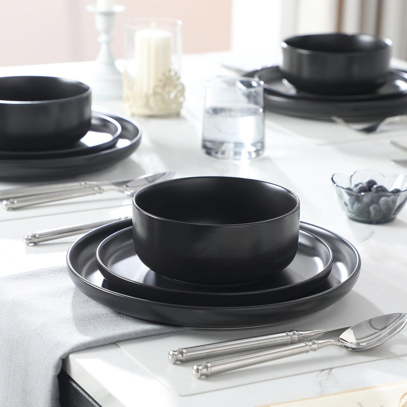 MALACASA Plates and Bowls Sets, 12 Pieces Porcelain Dinnerware Set for 4 Kitchen Dinner Ware Set Ceramic Dishware Dishes Microwave and Dishwasher Safe, Black, Series LUNA - Image 5