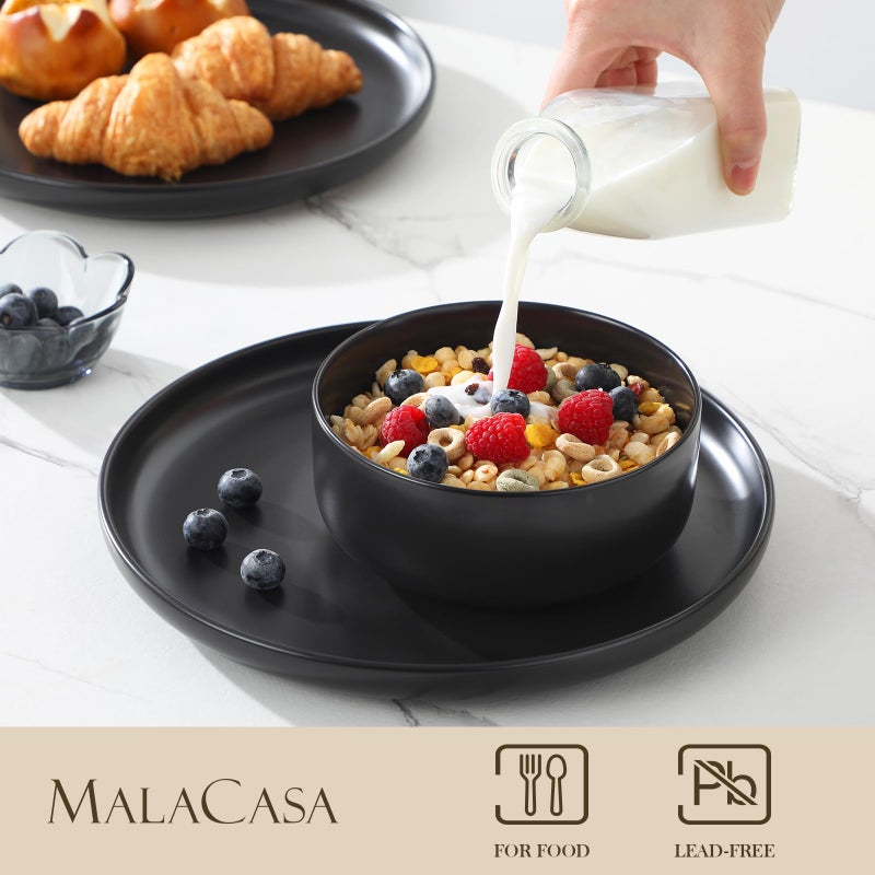MALACASA Plates and Bowls Sets, 12 Pieces Porcelain Dinnerware Set for 4 Kitchen Dinner Ware Set Ceramic Dishware Dishes Microwave and Dishwasher Safe, Black, Series LUNA - Image 3