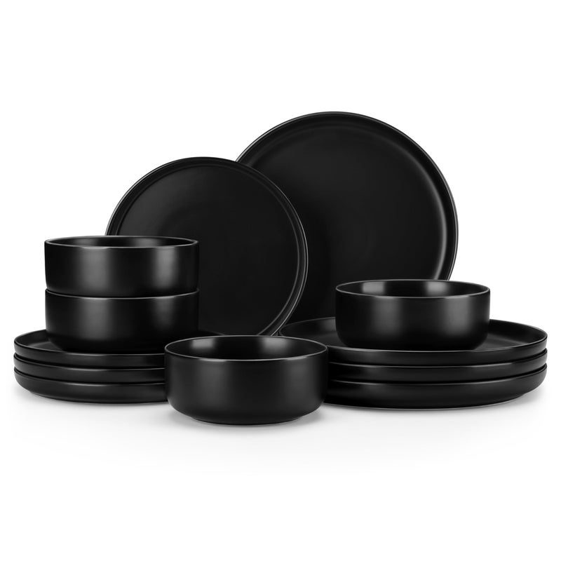 MALACASA Plates and Bowls Sets, 12 Pieces Porcelain Dinnerware Set for 4 Kitchen Dinner Ware Set Ceramic Dishware Dishes Microwave and Dishwasher Safe, Black, Series LUNA - Image 1