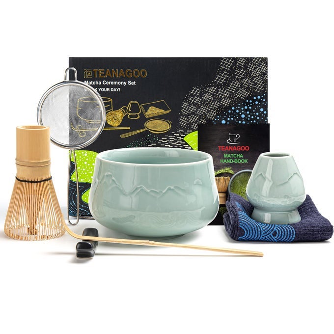 MATCHA SET 7PCS MATCHA WHISK MTACHA KIT MATCHA BOWL WITH POURING SPOUT BAMBOO MATCHA WHISK CHASEN SCOOP CHASHAKU WHISK HOLDER N26 CELADON BLUE MATCHA GREEN TEA POWDER