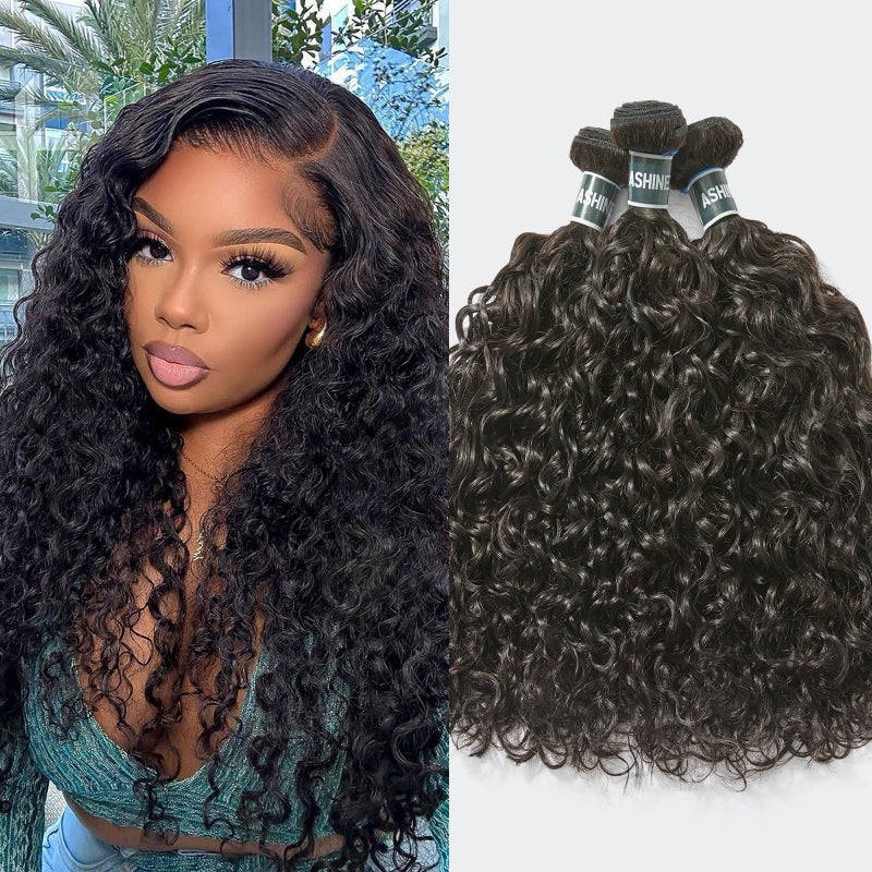 ASHINE Human Hair Bundles Deep Curly Water Wave, Unprocessed Cambodian Raw Hair 14 16 18 Inch, Flip Over Quick Weave Wet and Wave Bundles for Women Natural Black - Image 1