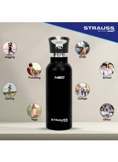 STRAUSS STRAUSS Stainless Steel Water Bottle | Leak Proof, BPA Free, Vacuum Insulated Flask Water Bottle | Ideal for School, Office, Home, Gym | Eco-Friendly, Durable, Sweat-Proof Design | 500ml,(Black)  - Image 2