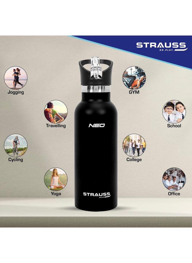 STRAUSS STRAUSS Stainless Steel Water Bottle | Leak Proof, BPA Free, Vacuum Insulated Flask Water Bottle | Ideal for School, Office, Home, Gym | Eco-Friendly, Durable, Sweat-Proof Design | 500ml,(Black)  - Image 2