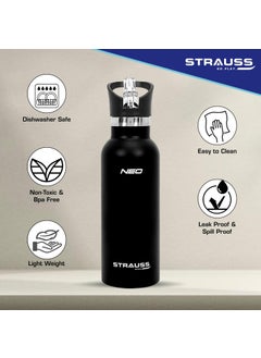 STRAUSS STRAUSS Stainless Steel Water Bottle | Leak Proof, BPA Free, Vacuum Insulated Flask Water Bottle | Ideal for School, Office, Home, Gym | Eco-Friendly, Durable, Sweat-Proof Design | 500ml,(Black)  - Image 3